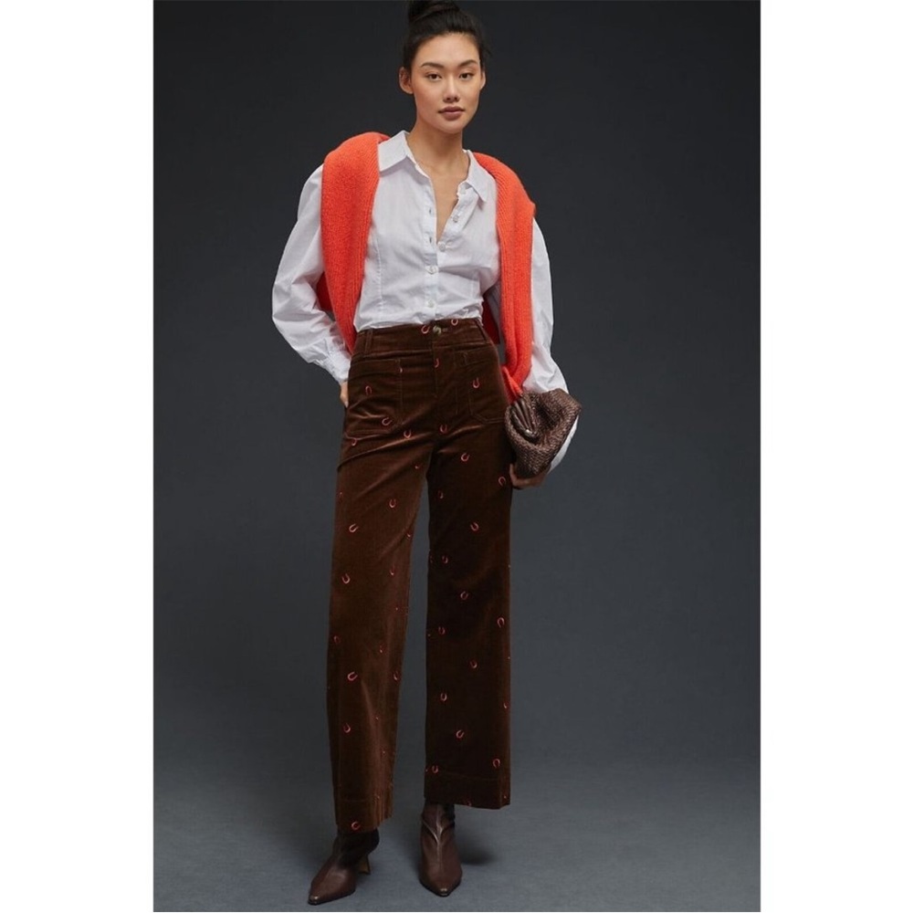Anthropologie Maeve Colette Pant Brown Corduroy Crop horseshoe print 14 cotton